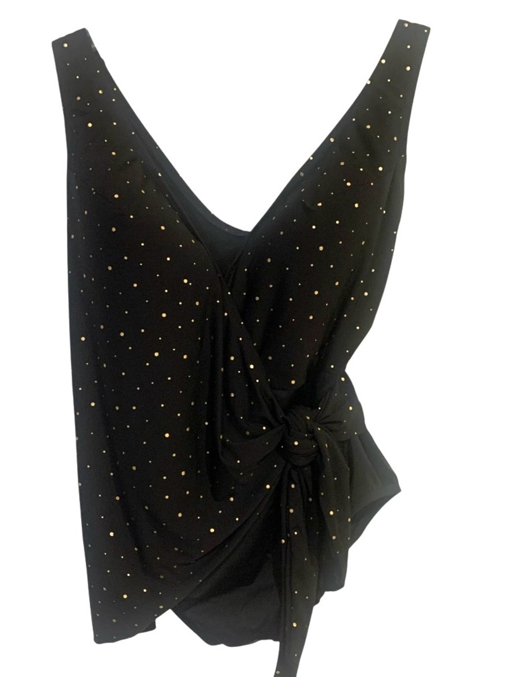Black Longitude one-piece swimsuit gold polka dots knotted tie front Size 16